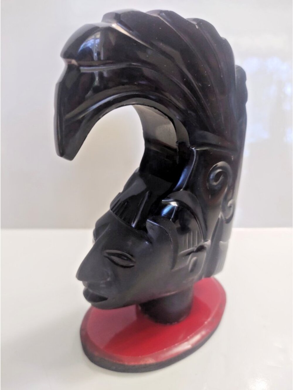 Vintage Mexican mid-century hand-carved black obsidian bust Mayan King Pakal